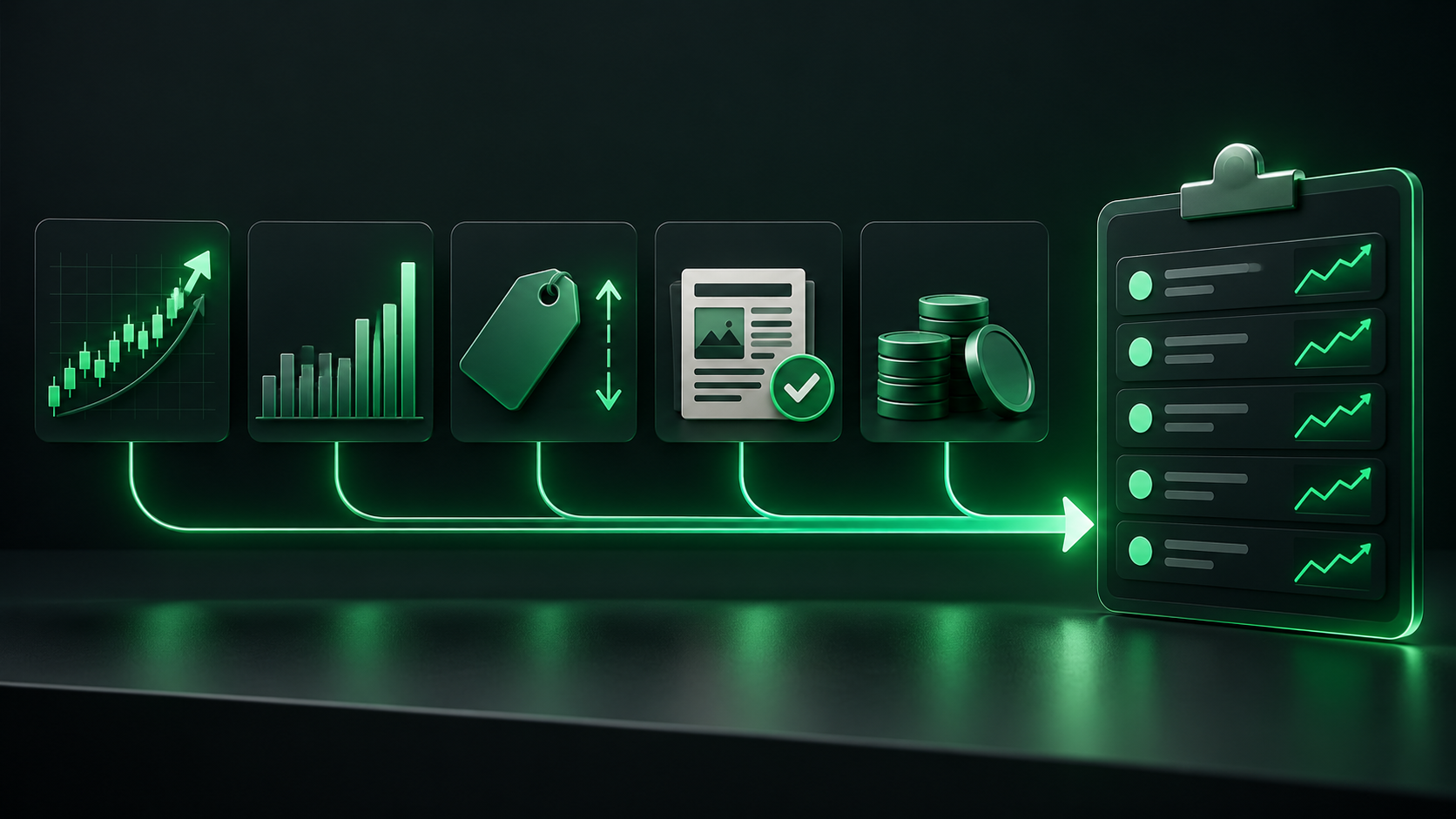 Five momentum stock research filters illustrated: price move, volume, price range, catalyst and share float